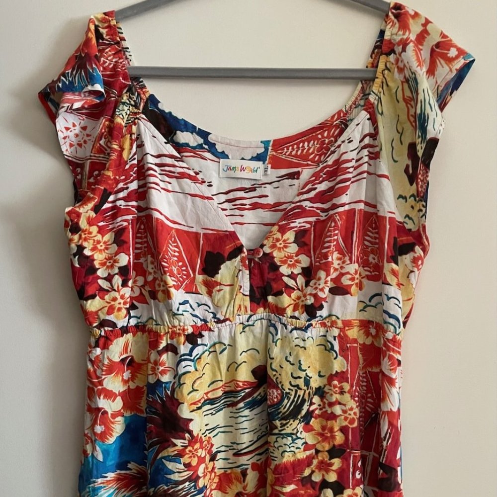 Vintage Jams World baby-doll top, deep V-neck w/button, side slits, women's XL